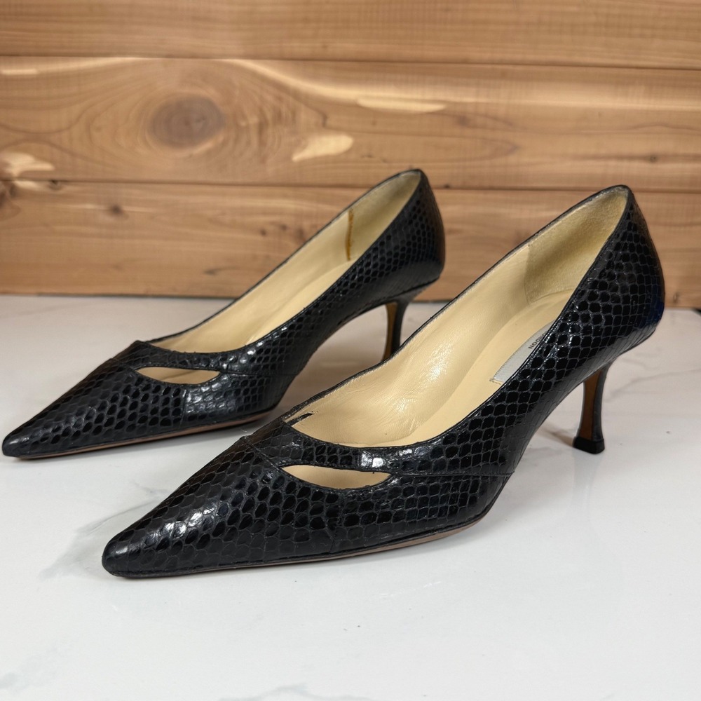 Jimmy Choo Snakeskin Cutout Accent Pumps Womens Size 37 Kitten Heels Luxury